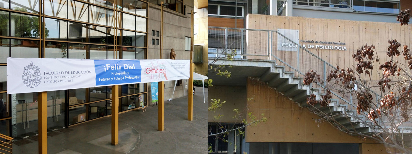 Dos imágenes. Una de la Facultad de Educación con un letrero haciendo referencia al día del profesor/a y una imagen del edificio de la Escuela de Psicología